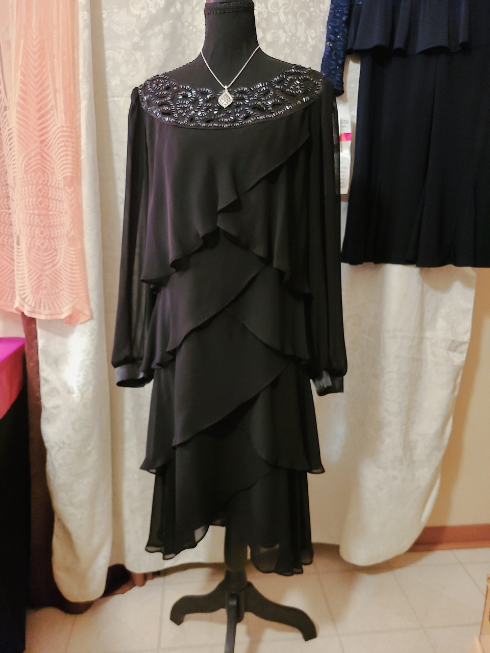 Black Layered Chiffon Maxi Dress with Beaded Yoke